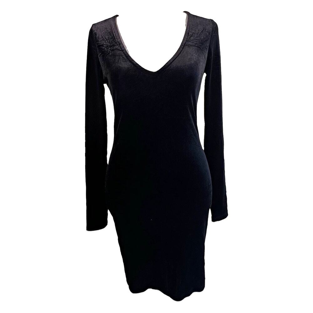 Forever 21 Black Velvet V-Neck Stretch Bodycon Mini long Sleeve S